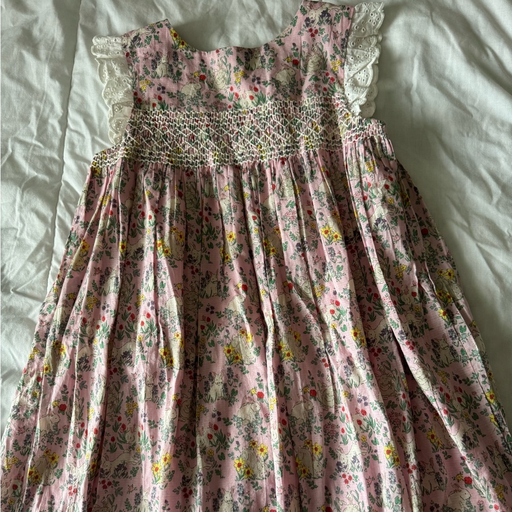 Mini Boden Pink Floral Smocked Cotton Dress with Lace Trim size 9-10